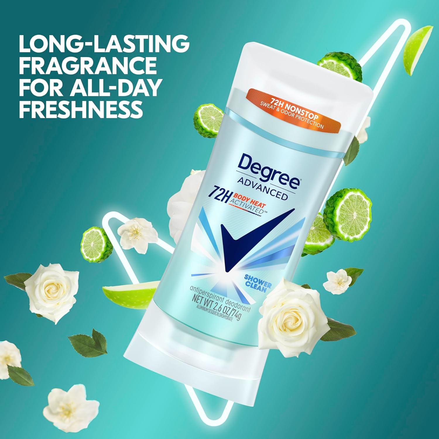 Advanced Protection Antiperspirant Deodorant Shower Clean for 72-Hour Sweat & Odor Control for Women, with Body Heat Activated Technology, 2.6 Oz