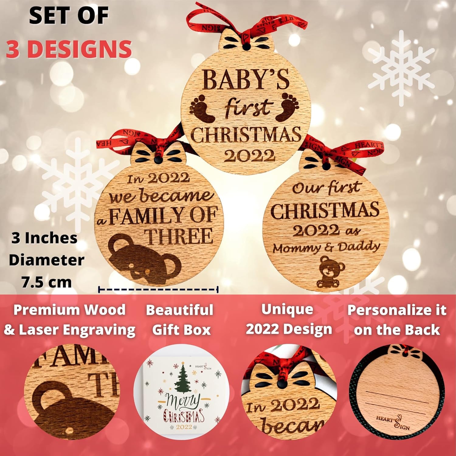 Set of 3 Babys First Christmas Photo Frame Ornament 2024 | My First Christmas Ornament with Photo Frame | Babys 1St Christmas Ornament 2024