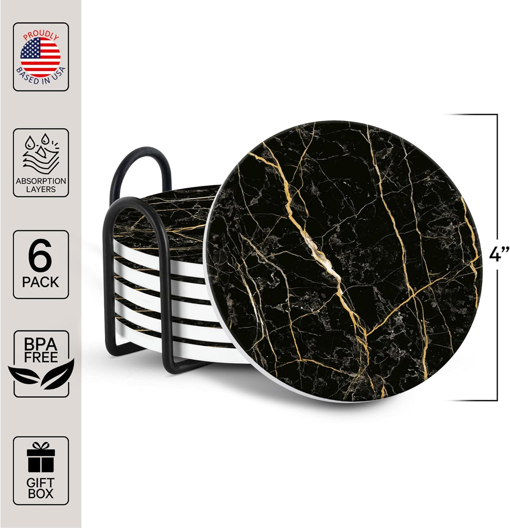 Emerson Coasters for Drinks Absorbent – Natural Stone Drink Saucers Set with Holder, Coasters for Coffee Table, Wooden Tabletop Protection Marble Style – 100% Heavy Duty Set of 6 (Streak)