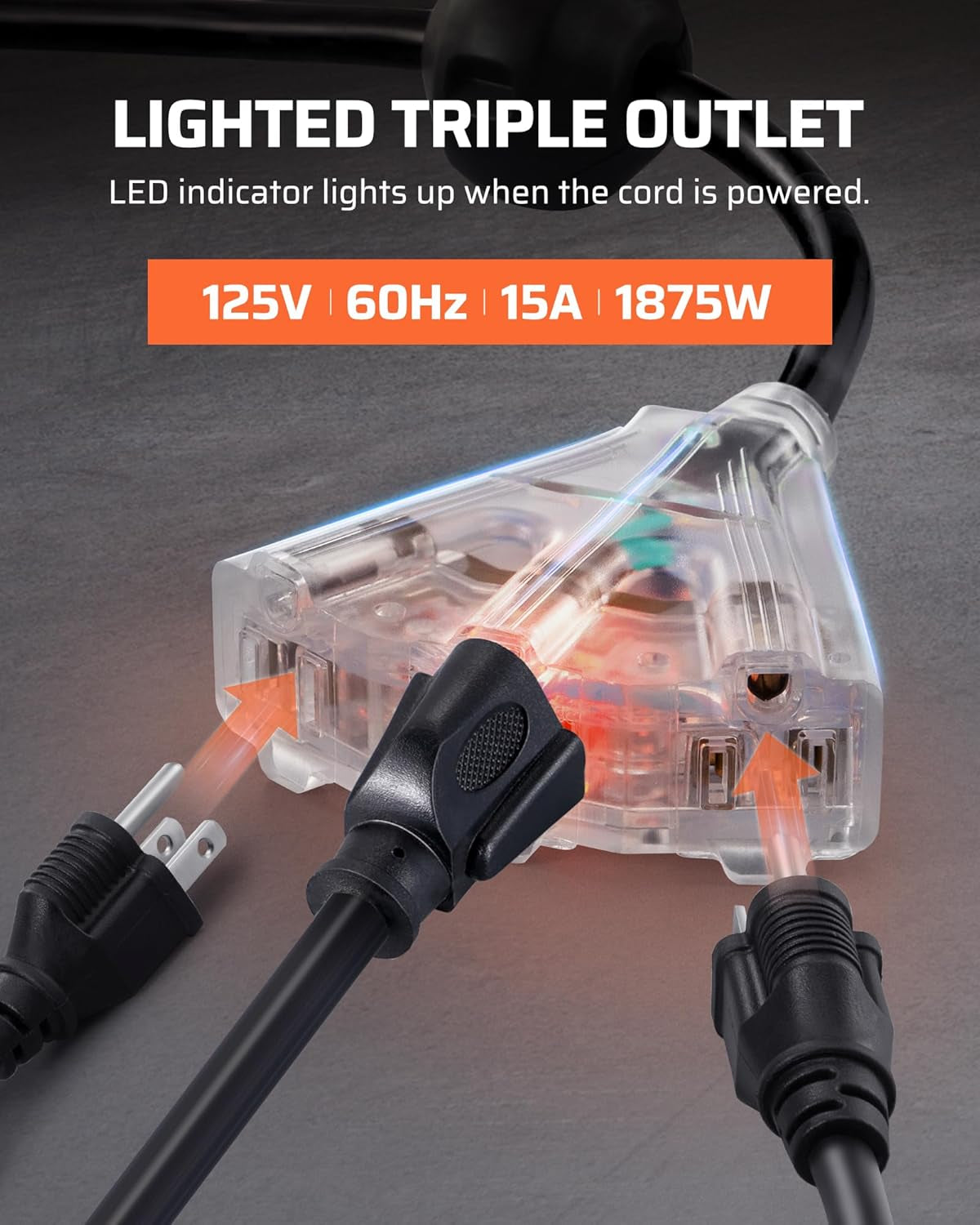 Retractable Extension Cord Reel, 40 FT Heavy Duty Power Cord, 12AWG/3C SJTOW, 3 Grounded Outlets Lighted Triple Tap, 15 Amp Circuit Breaker, UL Listed