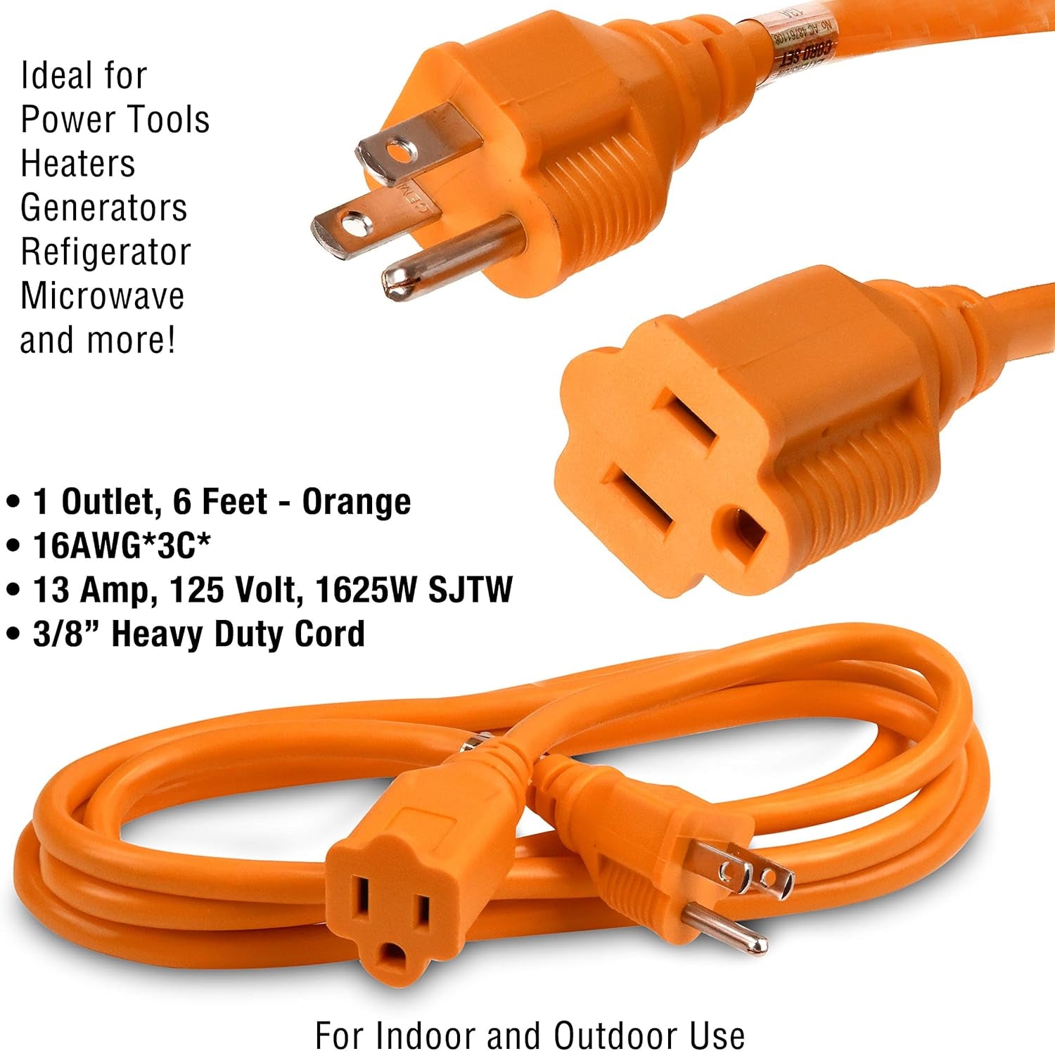 Heavy Duty Extension Cord/Wire Power Cable, Indoor/Outdoor, 16/3, Single Outlet, 30 Feet, UL Listed, Orange