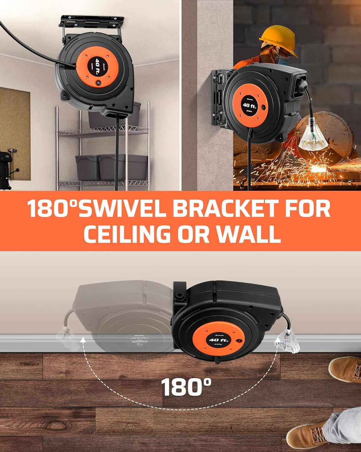 Retractable Extension Cord Reel, 40 FT Heavy Duty Power Cord, 12AWG/3C SJTOW, 3 Grounded Outlets Lighted Triple Tap, 15 Amp Circuit Breaker, UL Listed