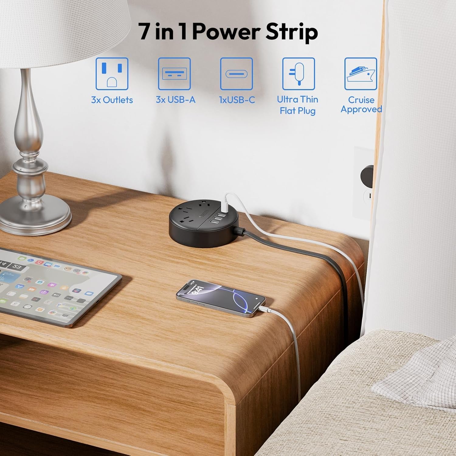 10Ft Long Extension Cord Power Strip with USB Ports,  Flat Plug Power Strip with 3 Outlet 4 USB(1 USB C), Wall Mount Charging Station for Home Office, Dorm Room, Travel, ETL Listed, Black