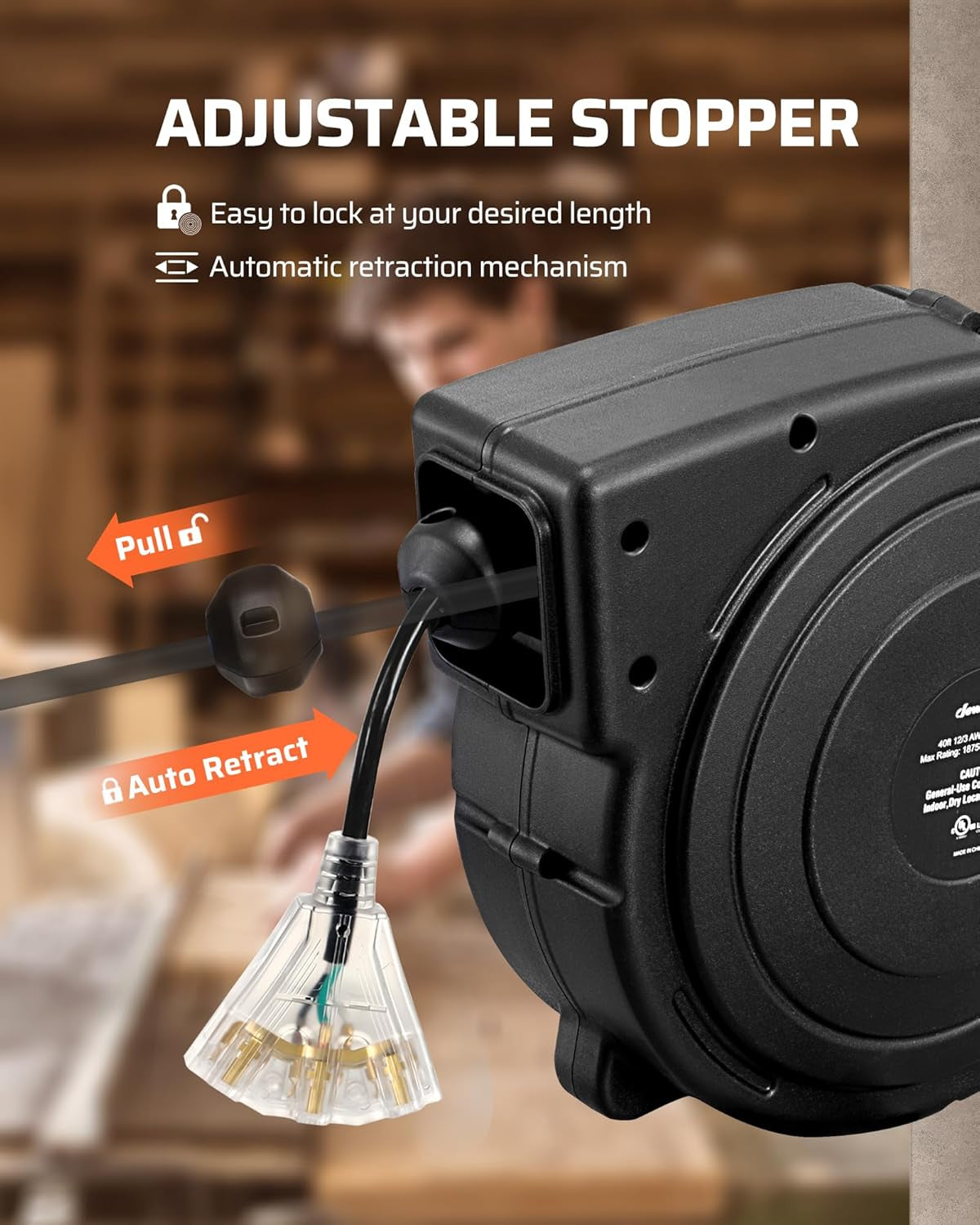 Retractable Extension Cord Reel, 40 FT Heavy Duty Power Cord, 12AWG/3C SJTOW, 3 Grounded Outlets Lighted Triple Tap, 15 Amp Circuit Breaker, UL Listed