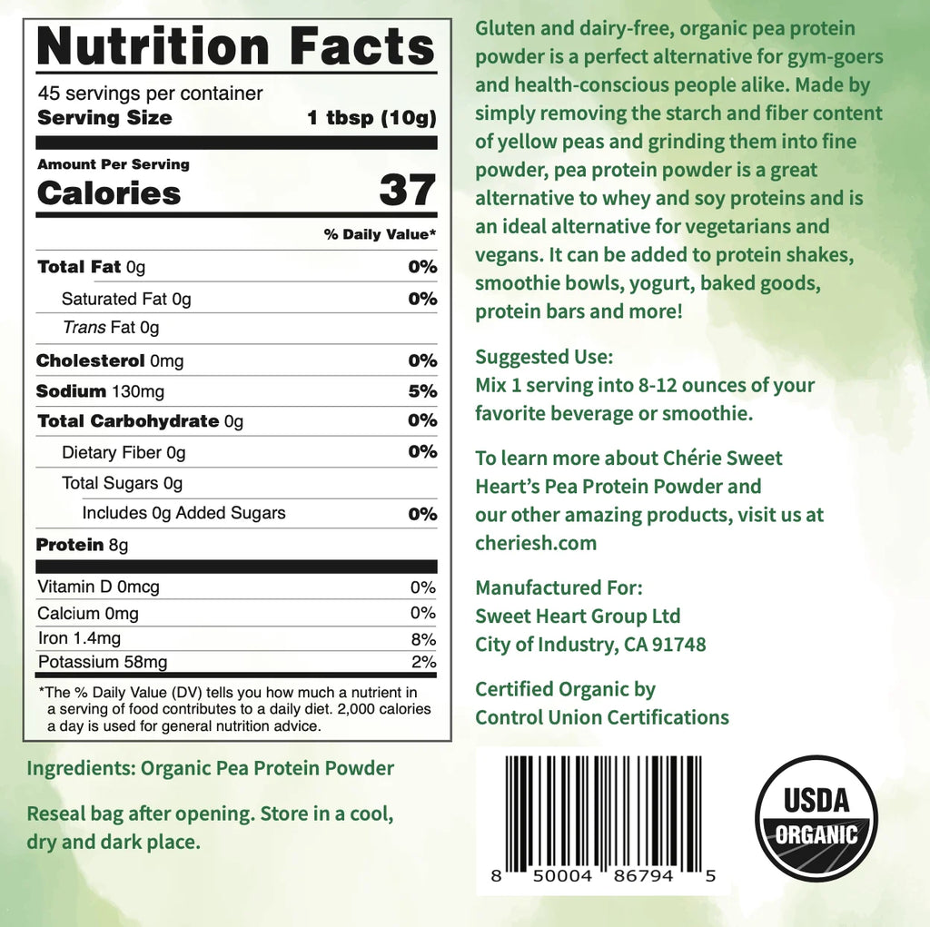Organic Pea Protein Powder 1 Lb, 100% Non-Gmo, Dairy-Free, Keto-Friendly, Gluten-Free, Soy-Free, Plant-Based Protein