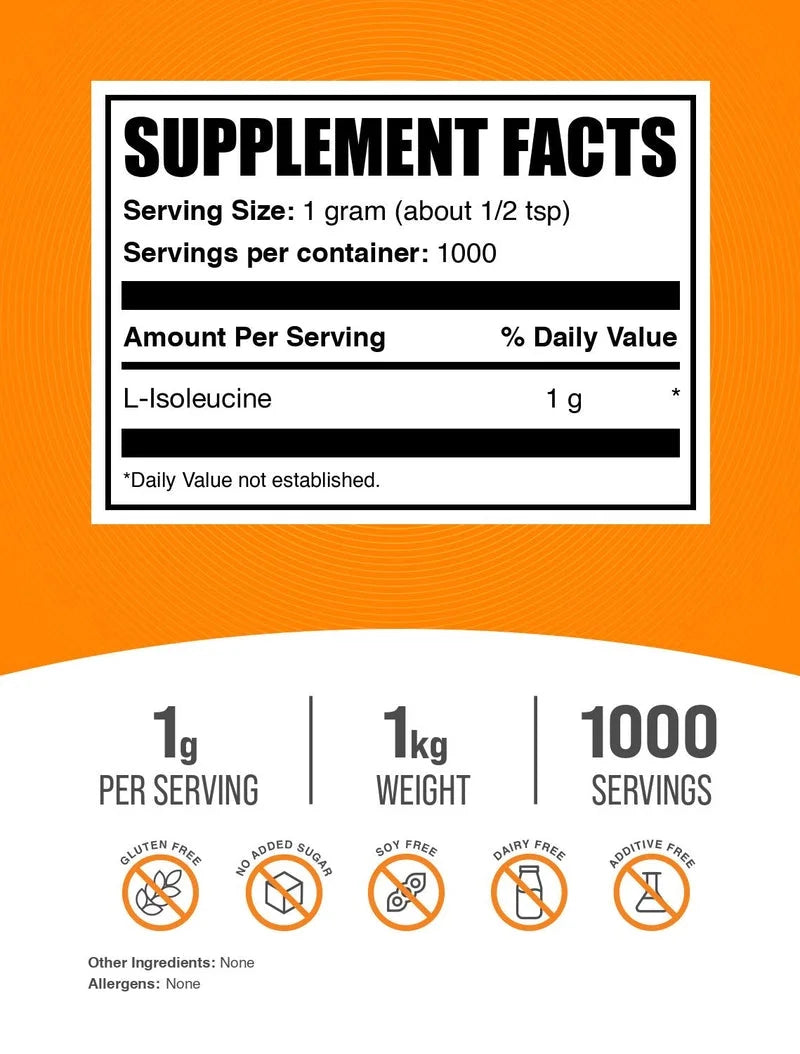 Bulksupplements L-Isoleucine Powder - BCAA Supplement, Amino Acid Supplement - Unflavored, 1G per Serving, 1Kg (2.2 Lbs)
