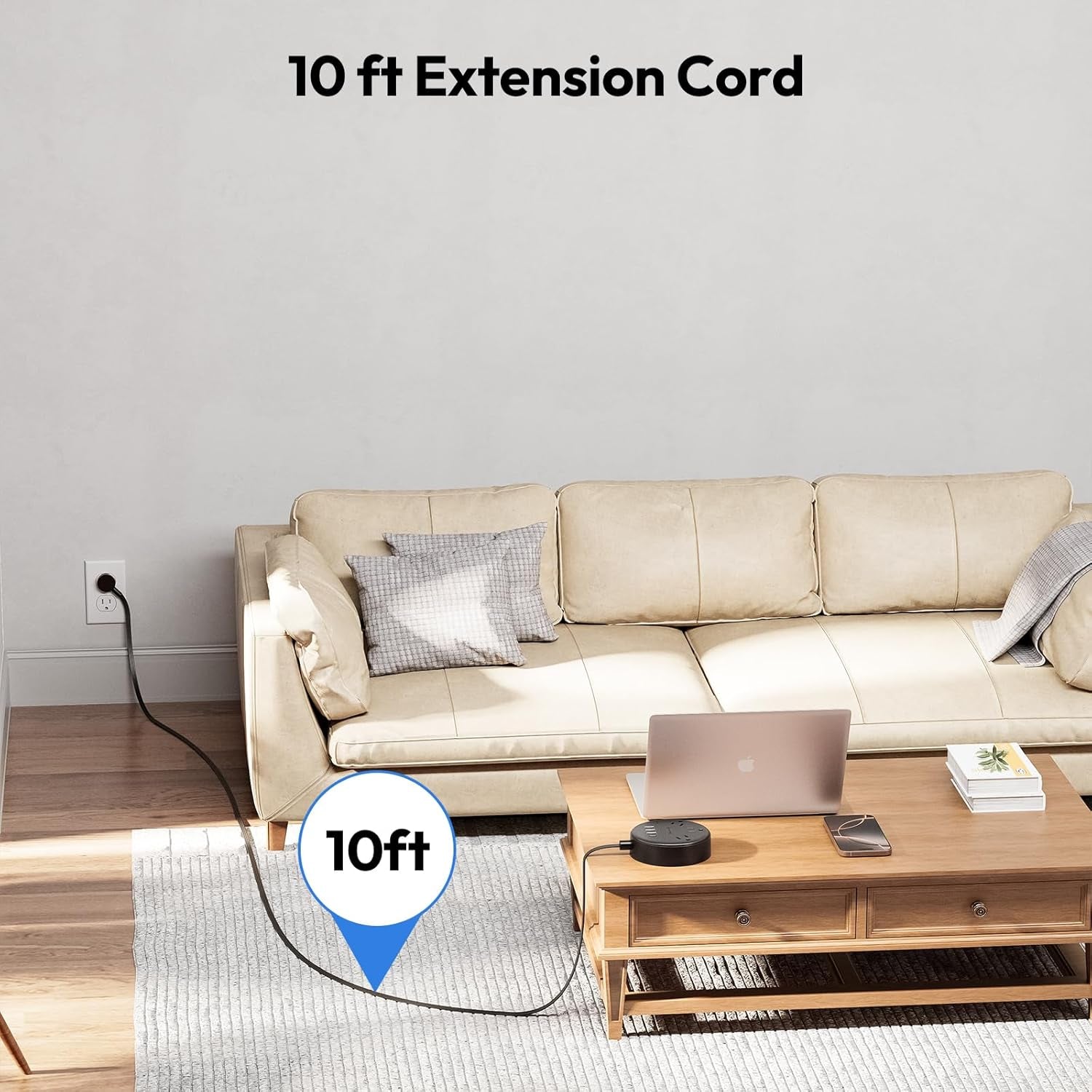 10Ft Long Extension Cord Power Strip with USB Ports,  Flat Plug Power Strip with 3 Outlet 4 USB(1 USB C), Wall Mount Charging Station for Home Office, Dorm Room, Travel, ETL Listed, Black